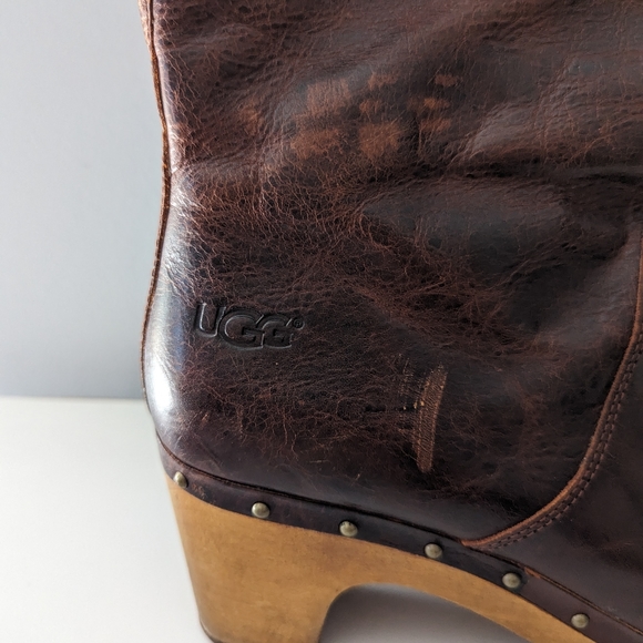 Women's UGG Brown Leather Sherpa Lined Boots Wooden Heel Size 10 - Picture 6 of 8